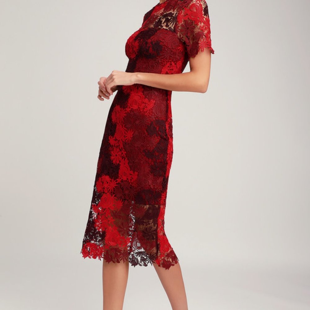 Season of Joy Red Multi Lace Midi Dress